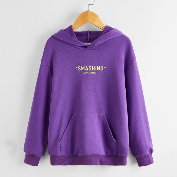 

Boys Letter Graphic Pouch Pocket Hoodie, Violet purple