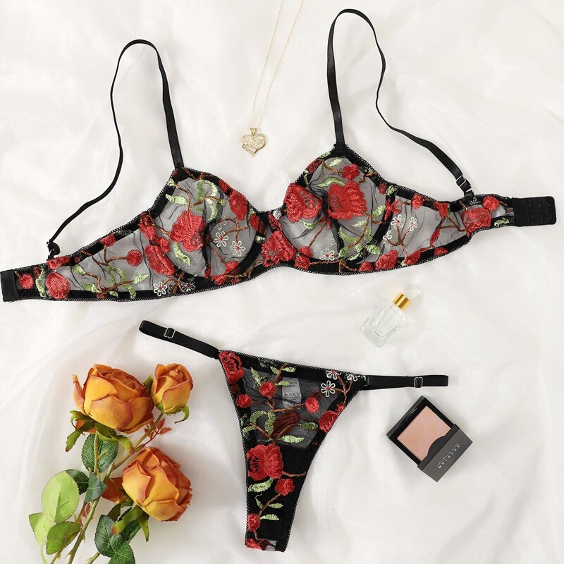

Embroidered Mesh Underwire Lingerie Set, Multicolor