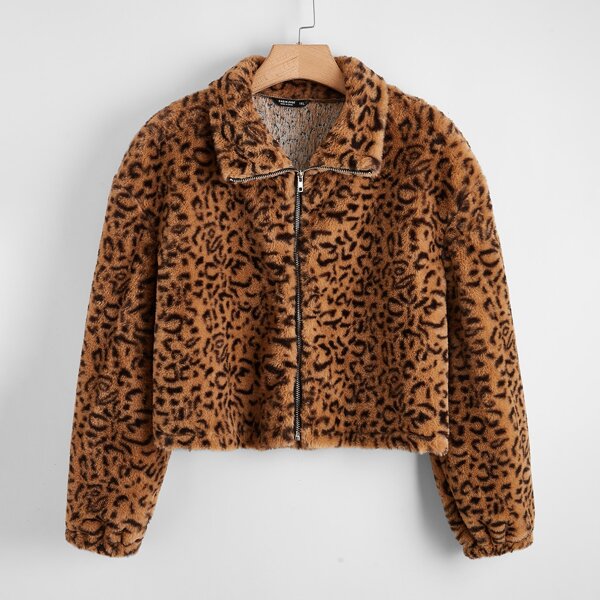 

Plus Leopard Print Zip-up Teddy Jacket, Brown