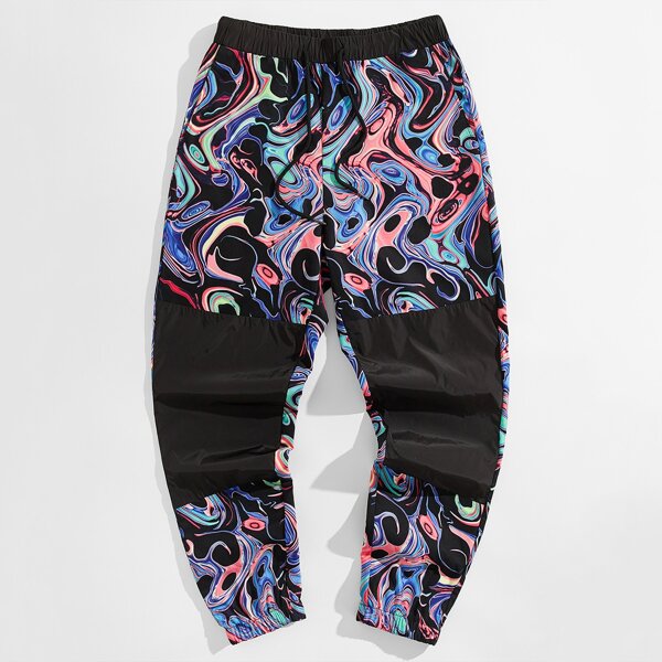 

Men Marble Print Colorblock Pants, Multicolor