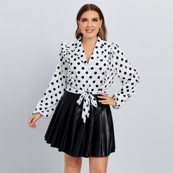 

Plus Polka Dot Ruffle Trim Knot Hem Blouse, White