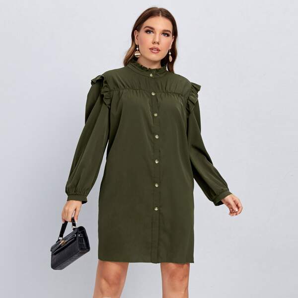 

Plus Solid Ruffle Trim Button Front Dress, Army green