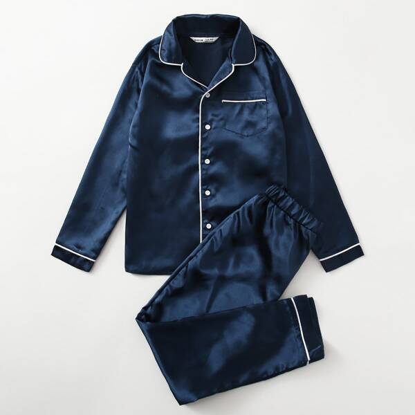 

Boys Contrast Tipping Pocket Front Satin Top & Pants PJ Set, Navy blue