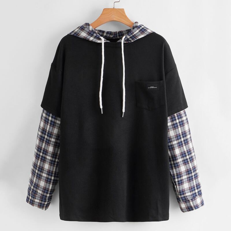 

Contrast Plaid 2 In 1 Drawstring Hoodie, Black