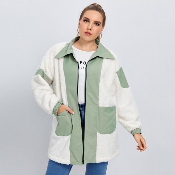 

Plus Color Block Zip Up Teddy Coat, White