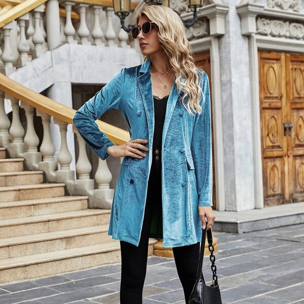 

Double Breasted Velvet Longline Blazer, Teal blue