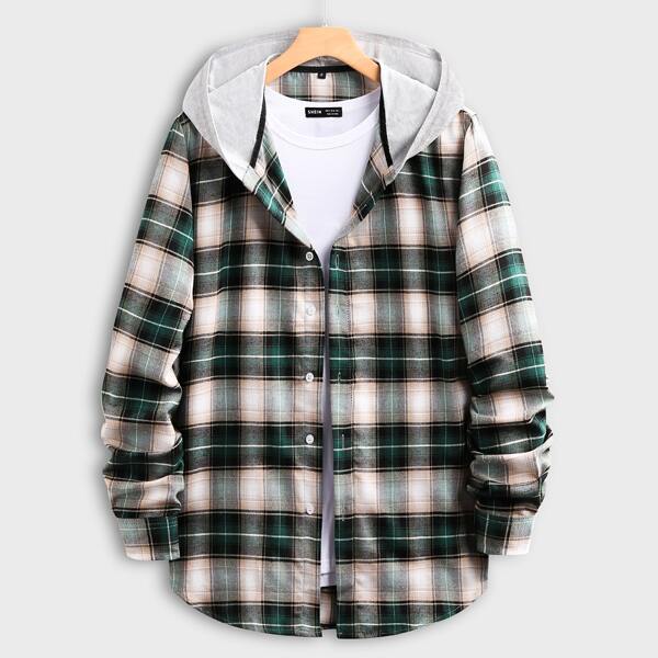 

Men Tartan Button Front Contrast Hooded Shirt, Multicolor