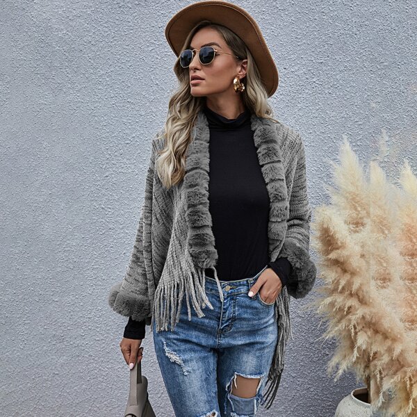 

Space Dye Fringe Hem Cardigan, Grey
