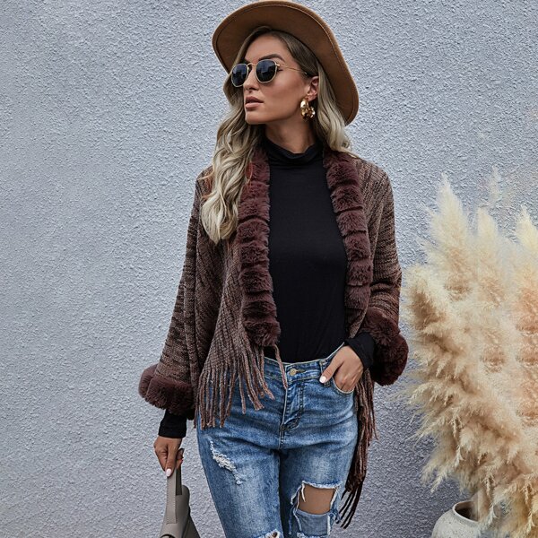 

Contrast Faux Fur Fringe Hem Cardigan, Chocolate brown