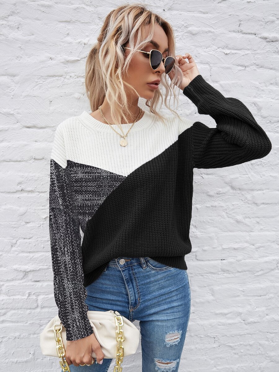 SHEIN LUNE Color Block Drop Shoulder Sweater - Multicolor - View 1