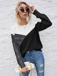 SHEIN LUNE Color Block Drop Shoulder Sweater - Multicolor - View 6
