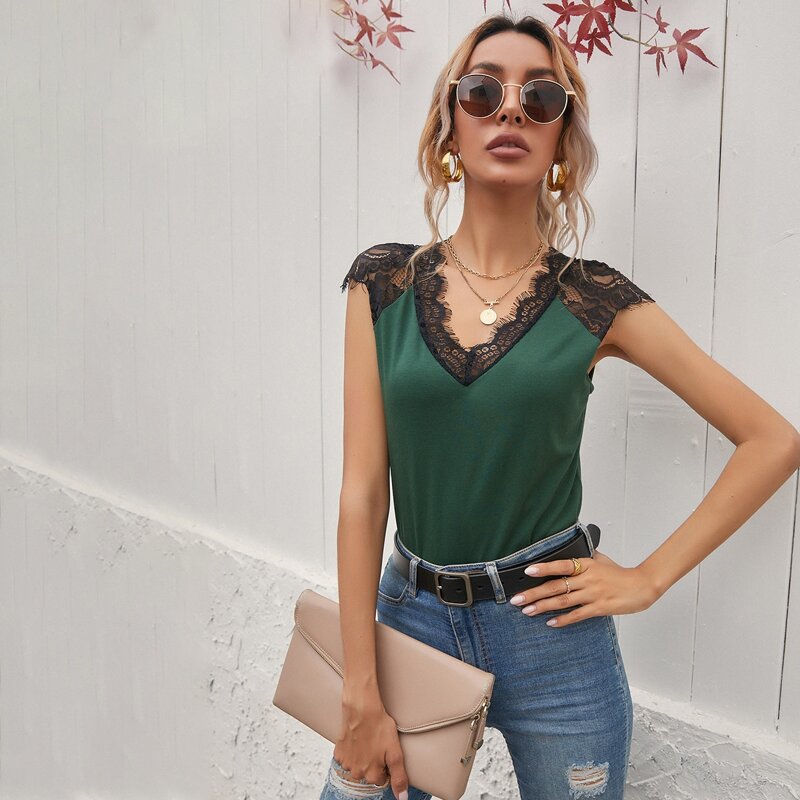 

Eyelash Lace Trim Tank Top, Dark green