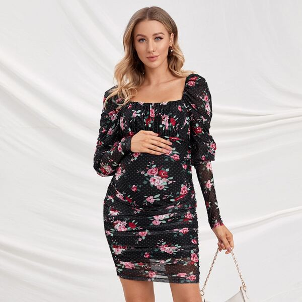 

Maternity Square Neck Gigot Sleeve Floral Dress, Black