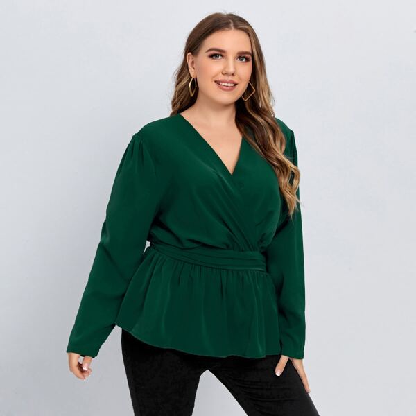 

Plus Surplice Neck Solid Peplum Blouse, Dark green