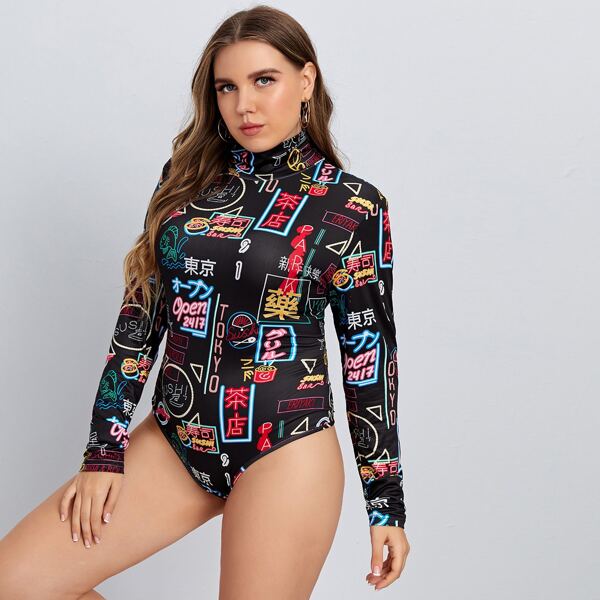 

Plus Mock Neck Letter Graphic Bodysuit, Multicolor