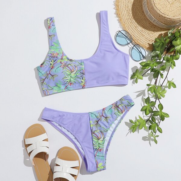 

Leaf Print Bikini Swimsuit, Lilac purple