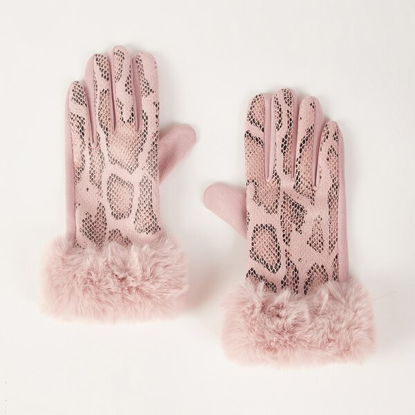 

Snakeskin Print Fluffy Trim Gloves, Pink