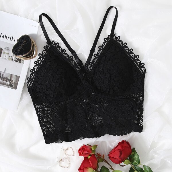 

Hollow-out Lace Bralette, Black