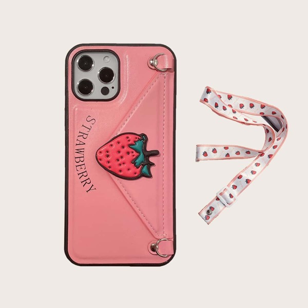 

Strawberry Wallet iPhone Case With Lanyard, Baby pink