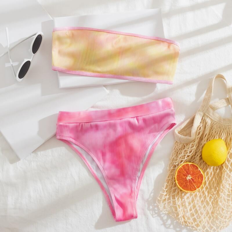 

Tie Dye Rib Bandeau Bikini Swimsuit, Pink