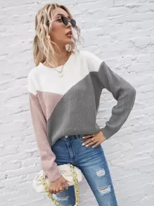 SHEIN LUNE Color Block Drop Shoulder Sweater - Multicolor - View 3