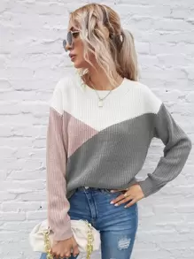 SHEIN LUNE Color Block Drop Shoulder Sweater - Multicolor - View 5