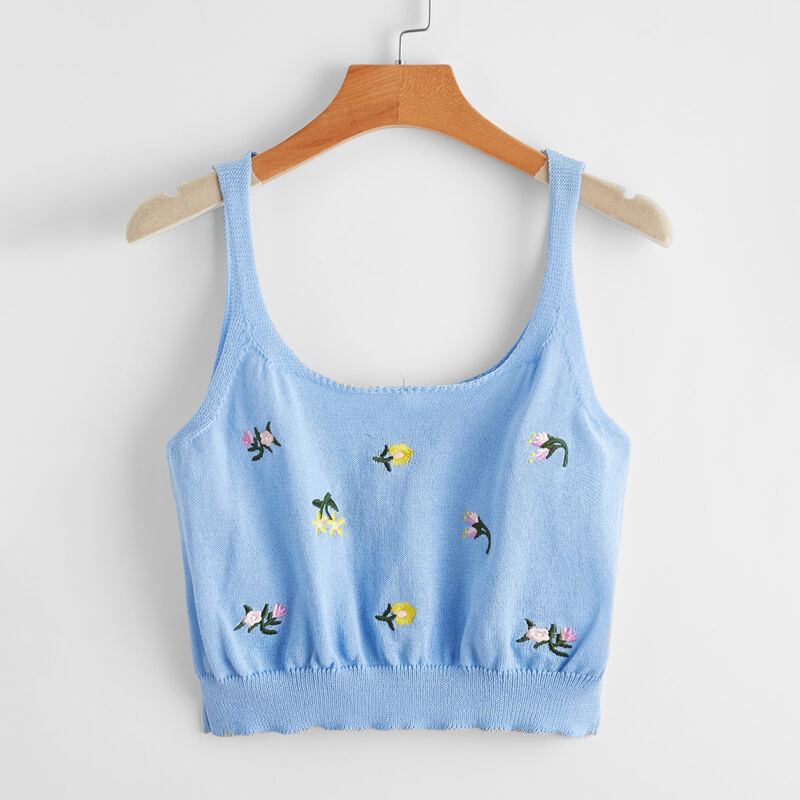 

Floral Embroidery Knit Cami Top, Baby blue