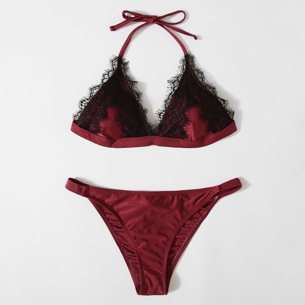 

Contrast Lace Triangle Thong Bikini Swimsuit, Burgundy