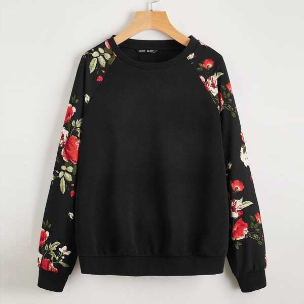 

Plus Floral Raglan Sleeve Pullover, Black