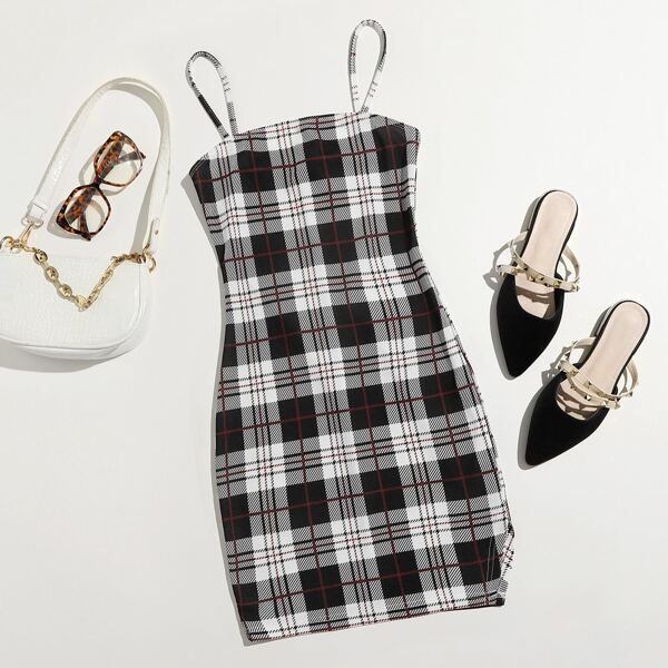

Plaid Cami Bodycon Dress, Black and white
