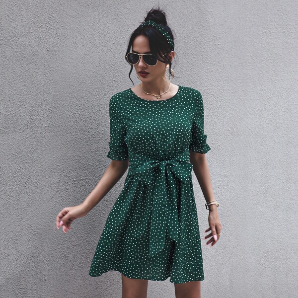 

Polka Dot Self Tie Flounce Sleeve A-line Dress, Dark green