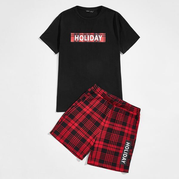 

Men Letter Graphic Tee & Plaid Shorts PJ Set, Multicolor
