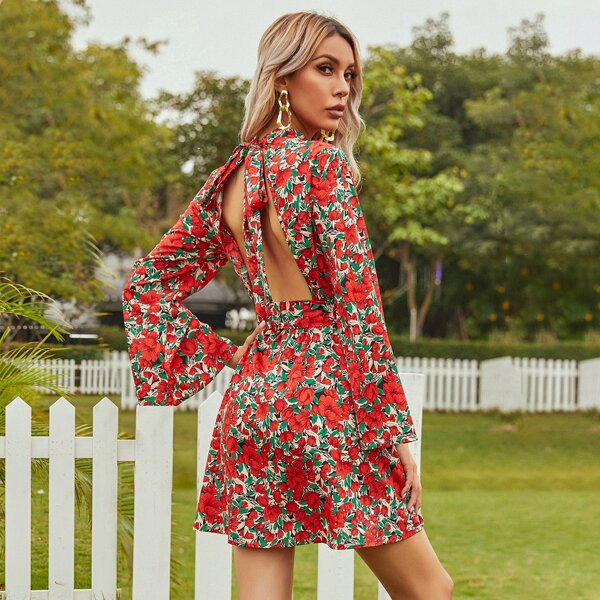 

Floral Bell Sleeve Tie Backless Belted Dress, Multicolor