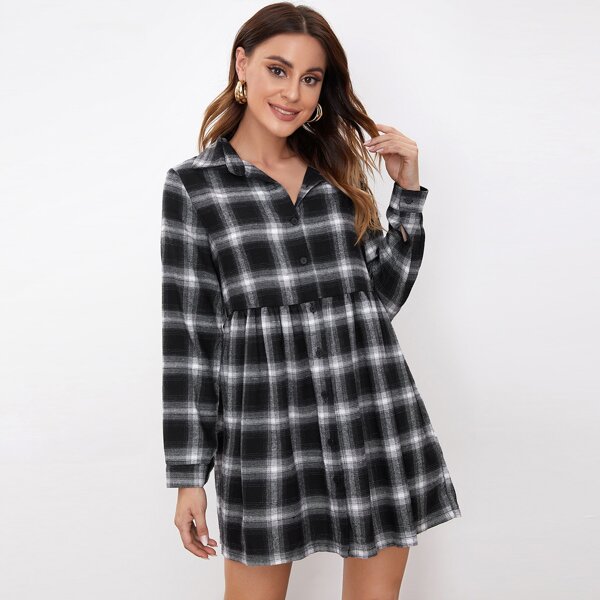 

Plaid Button Front Smock Dress, Black and white