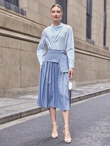 SHEIN Top de rayas drapeado delantero de hombros caídos - Azul y blanco - Ver 4