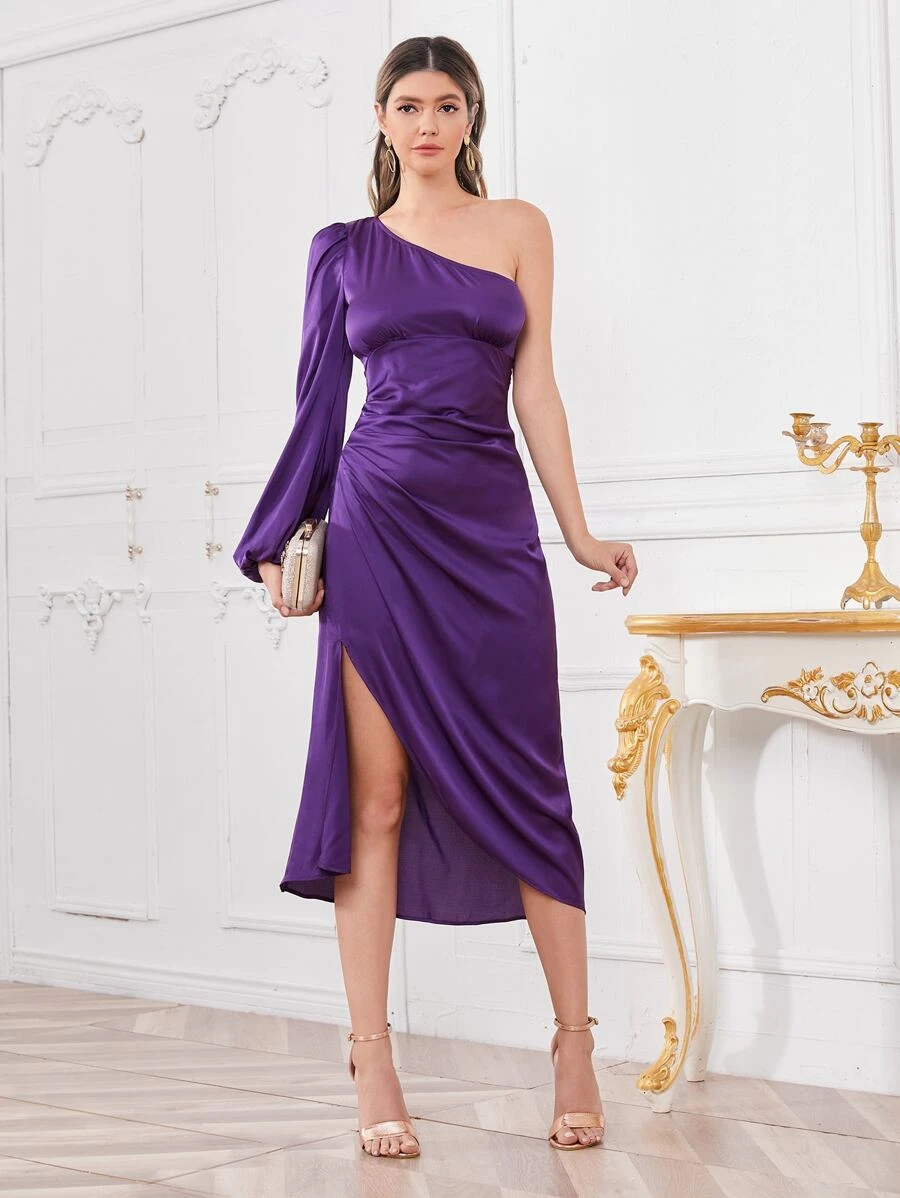 Modelyn 單肩燈籠袖緞面洋裝