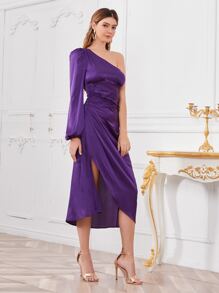 Modelyn 單肩燈籠袖緞面洋裝