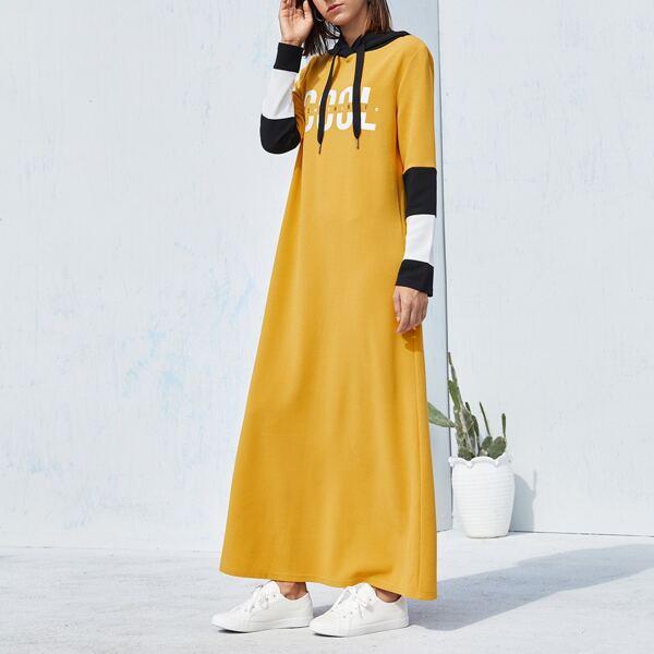 

Letter Graphic Drawstring Hooded Dress, Yellow