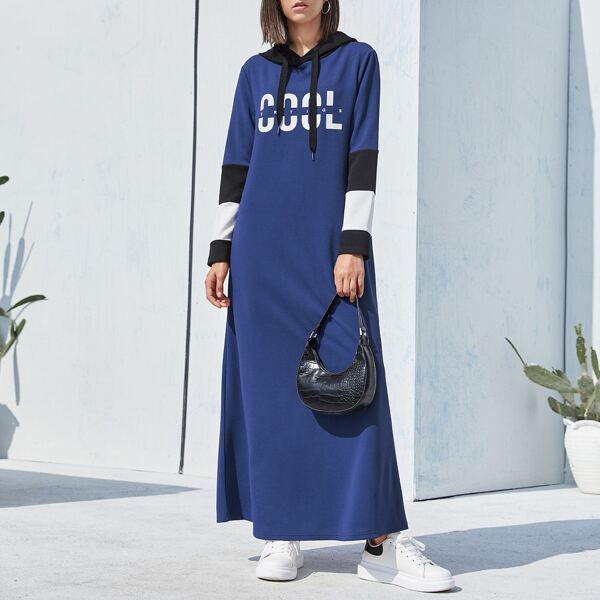 

Letter Graphic Drawstring Hooded Dress, Blue