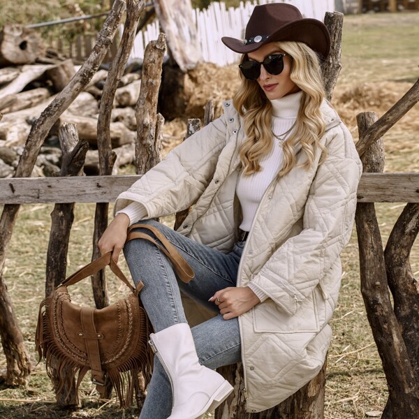 

Dual Pocket Drawstring Cuff Quilted Coat, White