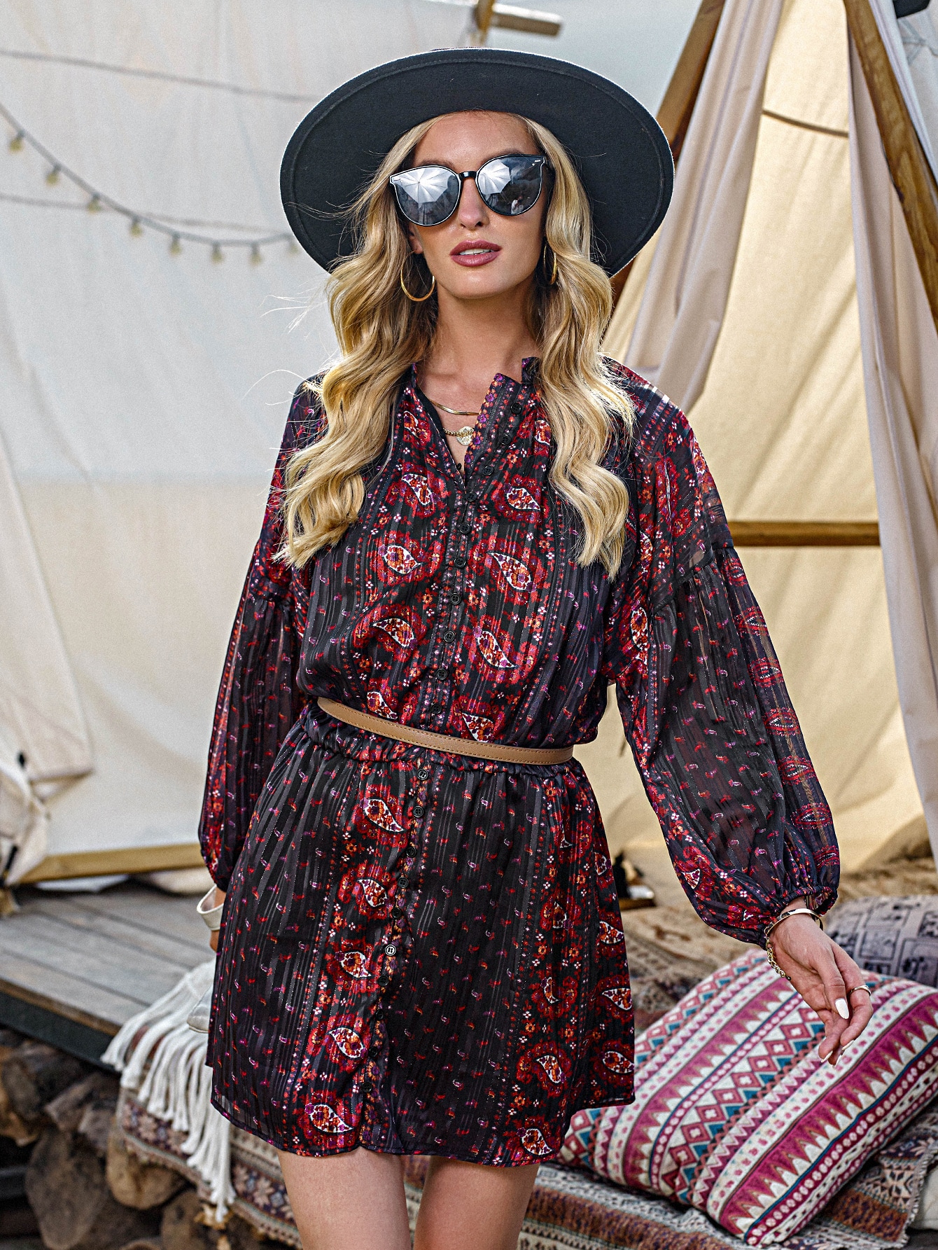 Paisley Print Drop Shoulder Dress Without Belt thumbnail