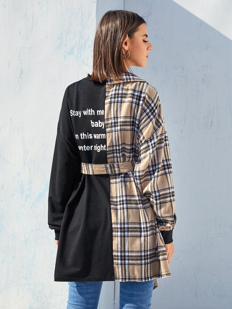 Drop Shoulder Letter Graphic Plaid Self Belted Pullover