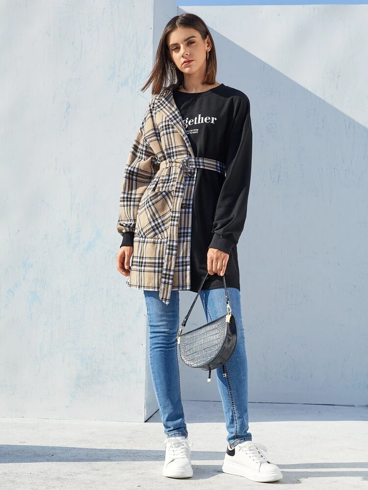 Drop Shoulder Letter Graphic Plaid Self Belted Pullover
