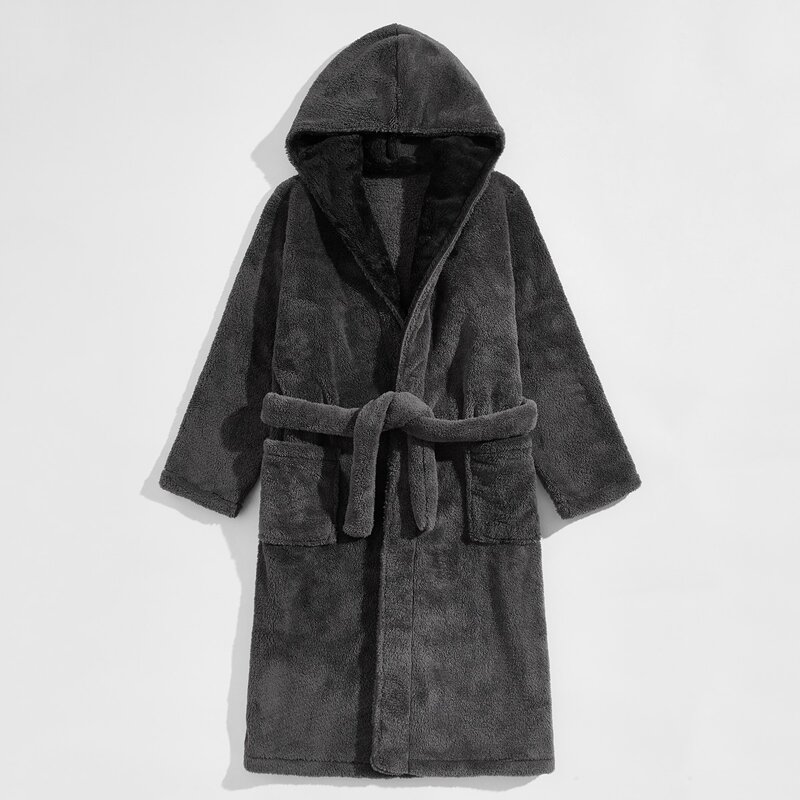 Guys Solid Belted Hooded Plush Robe, Dark grey