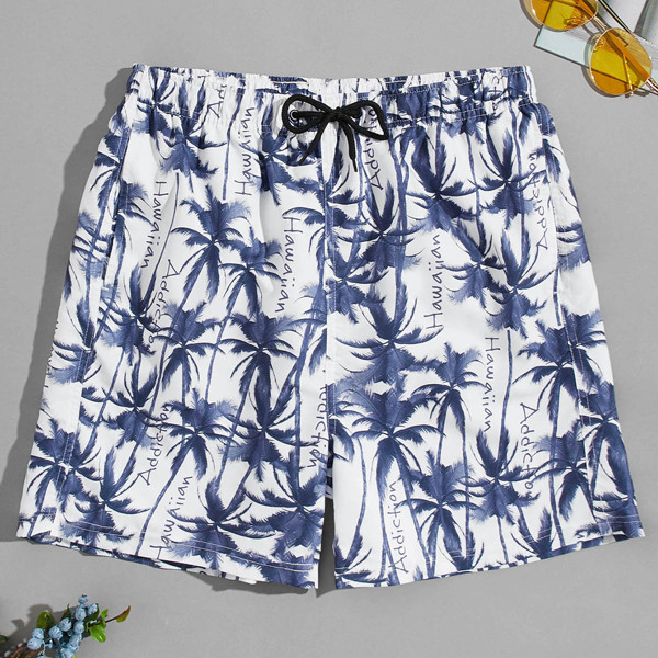 

Men Palm Tree & Letter Graphic Drawstring Swim Trunks, Multicolor