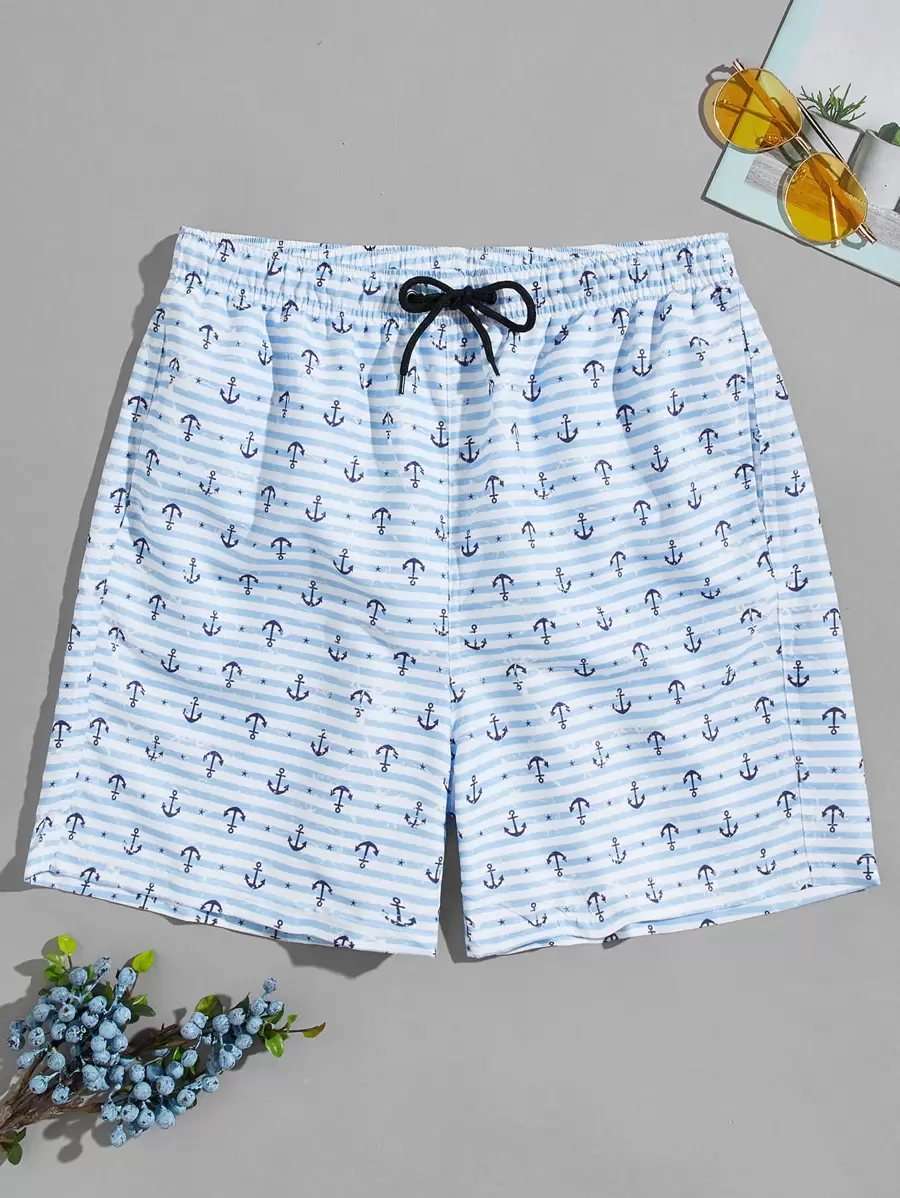 Surfspeed Men Striped & Anchor Print Drawstring Swim Trunks - Blue and White - View 1