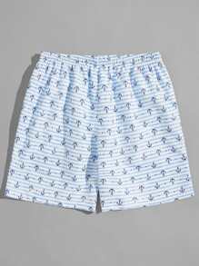 Surfspeed Men Striped & Anchor Print Drawstring Swim Trunks - Blue and White - View 2