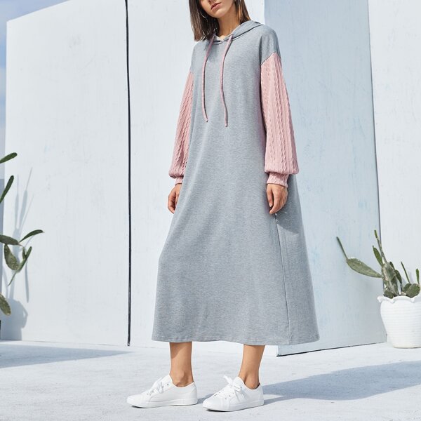 

Contrast Textured Lantern Sleeve Drawstring Hooded Dress, Grey