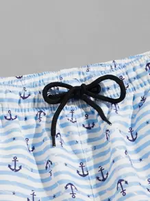 Surfspeed Men Striped & Anchor Print Drawstring Swim Trunks - Blue and White - View 3