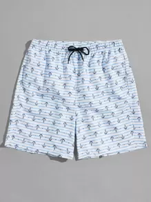 Surfspeed Men Striped & Anchor Print Drawstring Swim Trunks - Blue and White - View 4